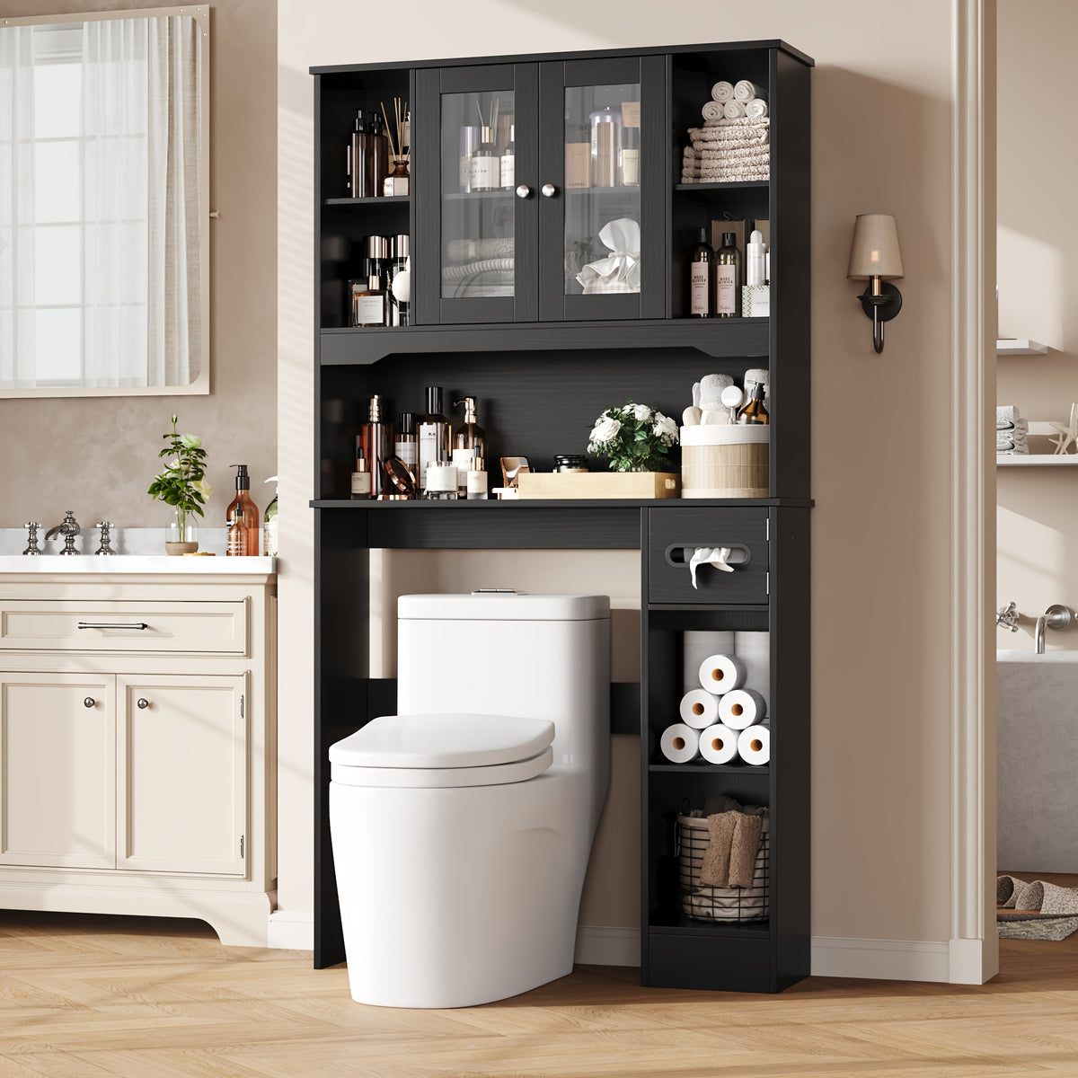 Storage Cabinet for Above The Toilet, Featuring Glass Doors And a Paper Holder, Designed As a Bathroom Shelf to Save Space in Restrooms And Laundry Areas