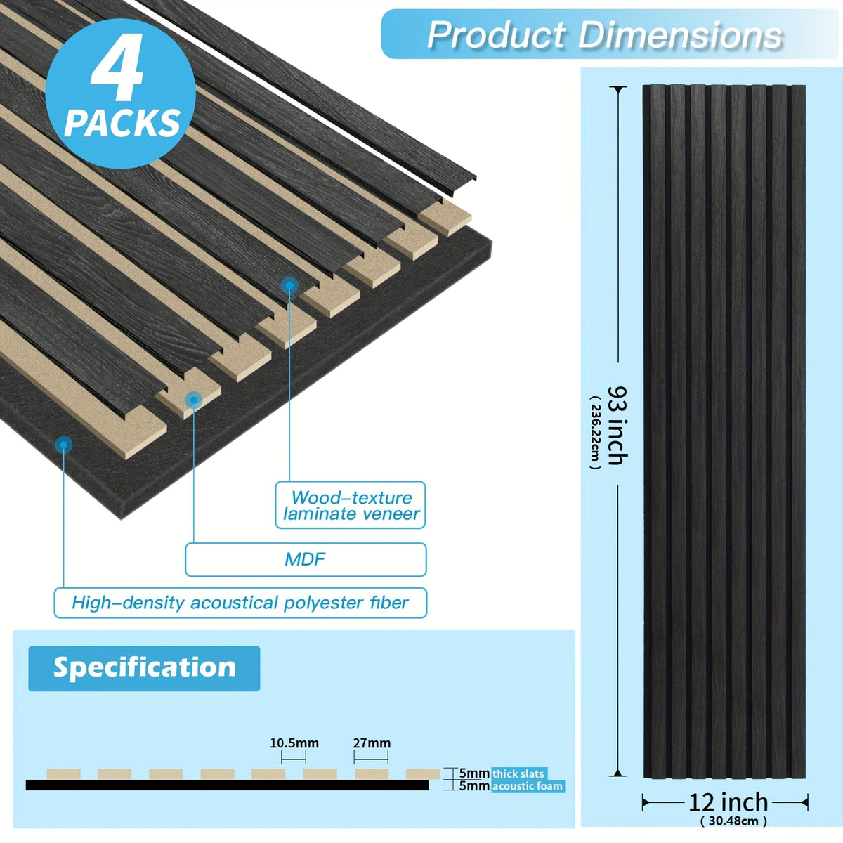 4-Sheet 93" X 12" Textured Wood-Look 3D Wall And Ceiling Tiles Noise Insulating MDF Grille Design, 31 Sq.Ft Coverage with Screws X56