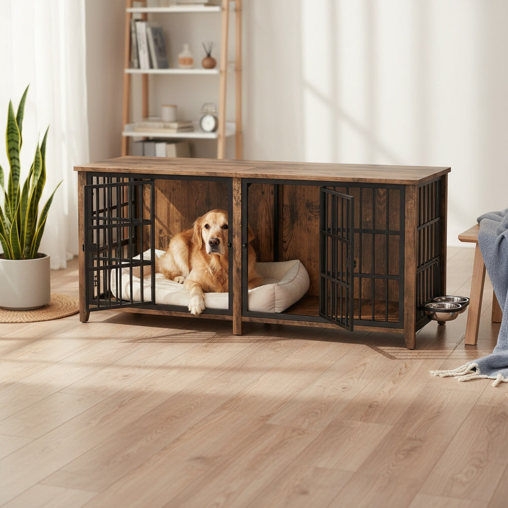 75/36/30in Furniture-Style Dog Crate with 360° Rotating Bowls, Adjustable Height, Safe Lock, Easy to Clean, Available In Gray/Brown, M, L, XL Sizes for One Or Two Dogs, Ideal for Home, Living Room Or Bedroom