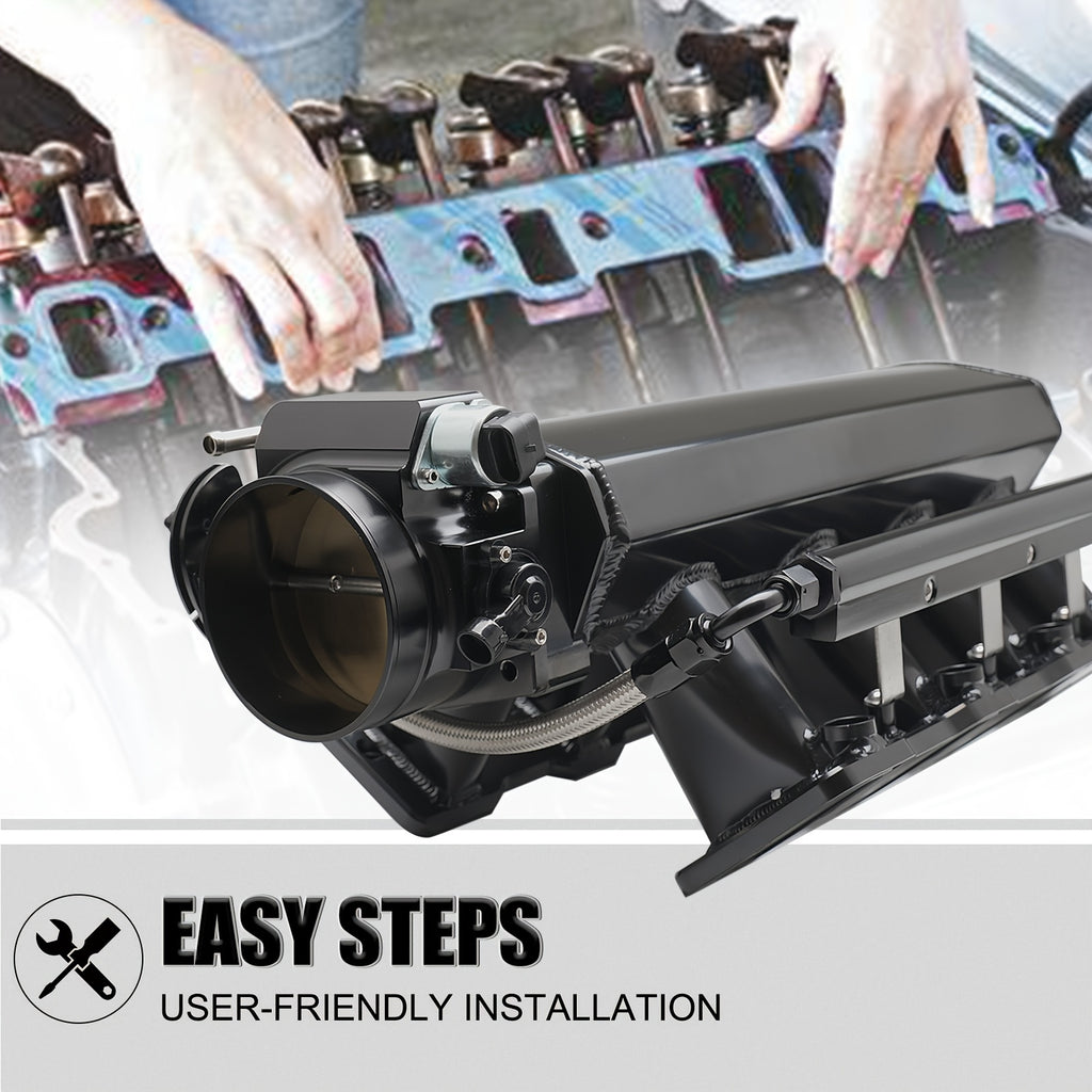 92MM Intake Manifold Kit - Includes Fuel Rail And Throttle Body - 92Mm Throttle Body Made of Sheet Metal - EFI 15° Throttle Opening - Suitable for Chevrolet, for GMC, for Pontiac LS LS1 LS2 LS6 in Black