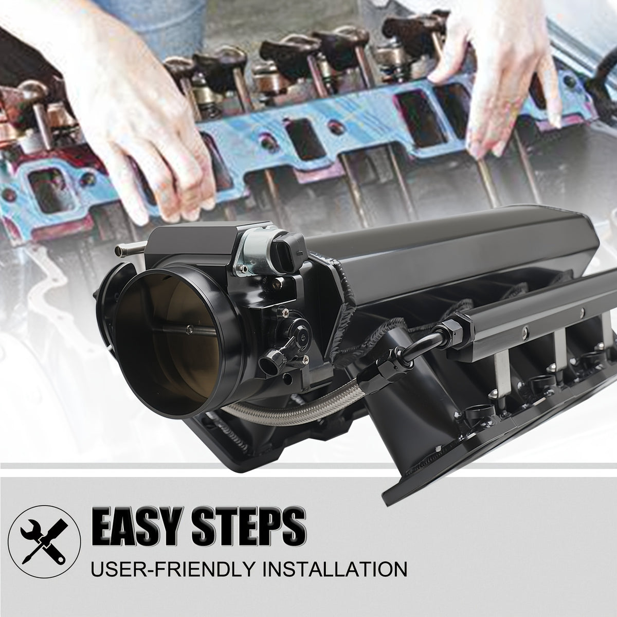 92MM Intake Manifold Kit - Includes Fuel Rail And Throttle Body - 92Mm Throttle Body Made of Sheet Metal - EFI 15° Throttle Opening - Suitable for Chevrolet, for GMC, for Pontiac LS LS1 LS2 LS6 in Black