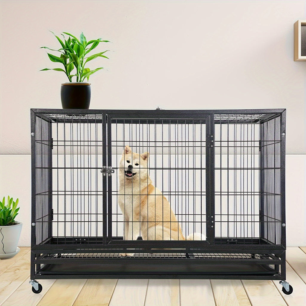 Heavy Duty Dog Crates for Large Dogs, Dog Crate Metal Wire Dog Kennel Double Door Dog Cage with Lockable Wheels and Plastic Tray for Extra Large XL XXL Dog Indoor Outdoor
