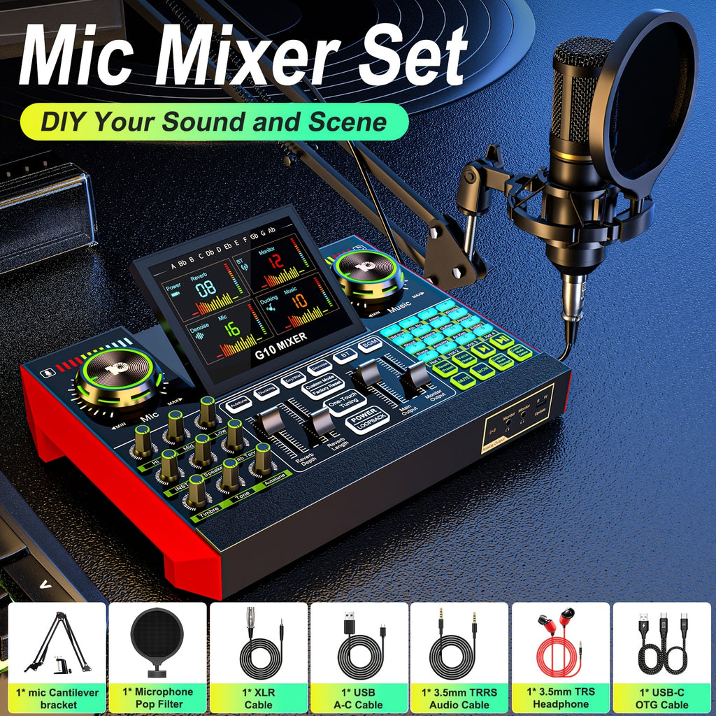 Tenlamp G10 BM800 Mic Mixer Set Podcast Influencer KOL Singing Gaming DJ Mixing Station Controller Equipment Studio Professional Recording Electronic Music Mixer Power Karaoke Machine Available Dynamic Condenser Wired Microphone Portable Microfono