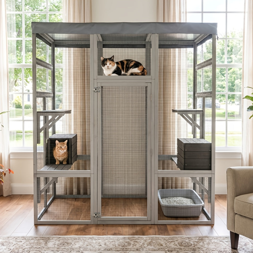 [Outdoor Catio Enclosure] 62.6 Inch Large Wooden Outdoor Catio Enclosure for Cats | Secure Pet Cage with Roof & Rust-Proof Wire Mesh | Includes 2 Napping Houses & Multi-Level Platforms for Backyard & Patio