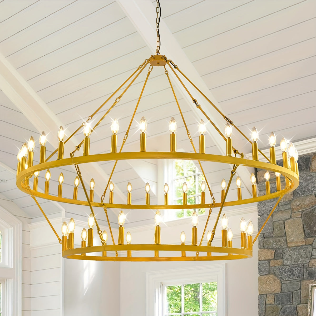 [Modern Farmhouse Chandelier] Modern Farmhouse Chandelier 2 Tier Round Wheel Chandelier Large High Ceiling Light