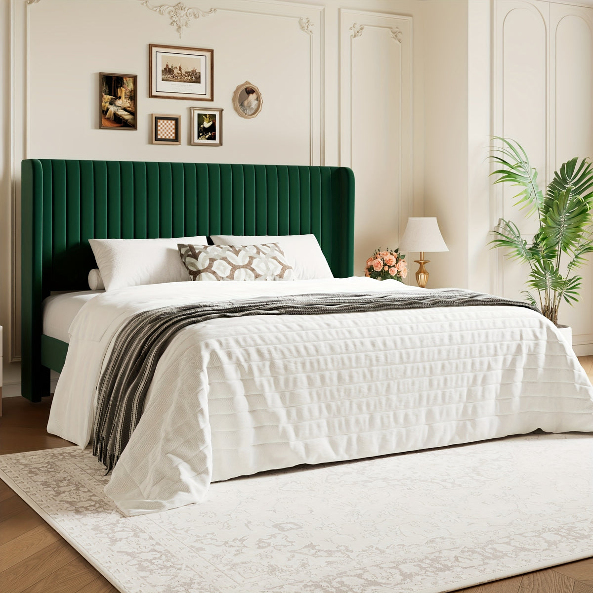 WEEWAY Wingback Velvet Upholstered Platform Bed Frame, Vertical Channel Tufted Headboard, Wooden Slats Support, Heavy Duty Mattress Foundation, No Box Spring Needed, Easy Assembly, Avabliable Full/Queen/King Size, Free Shipping