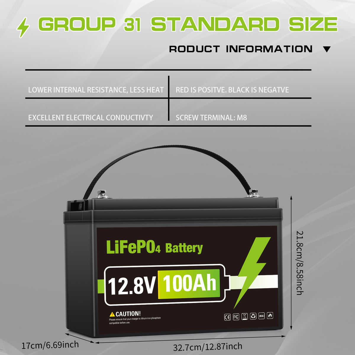 12V 100Ah LiFePO4 battery 1280Wh Group 31，Built-in 100A BMS, Grade A Deep Cycle Battery Supports Series and Parallel Connections,RV, Solar, Marine, Camping and Off Grid Applications