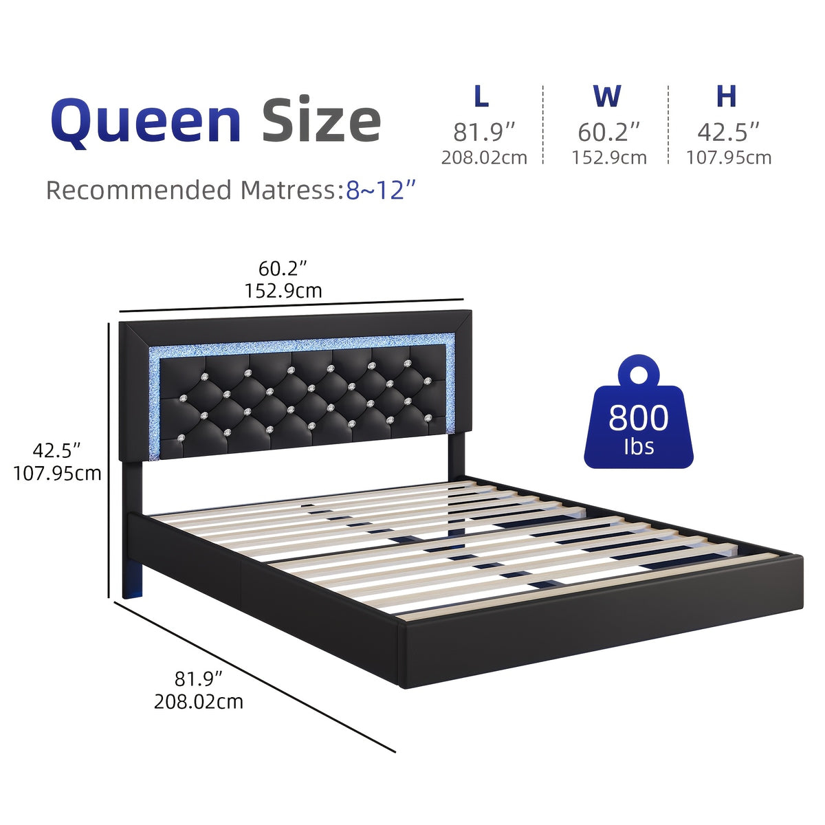 Twin Full Queen King Size Floating Black/White/Pink Bed Frame with LED Lights, Platform Bed with Diamond Tufted Headboard, Wood Bed Frame, Bed Frame Queen Size No Box Spring Needed, Noise Free, Easy Assembly, Black/White/Pink