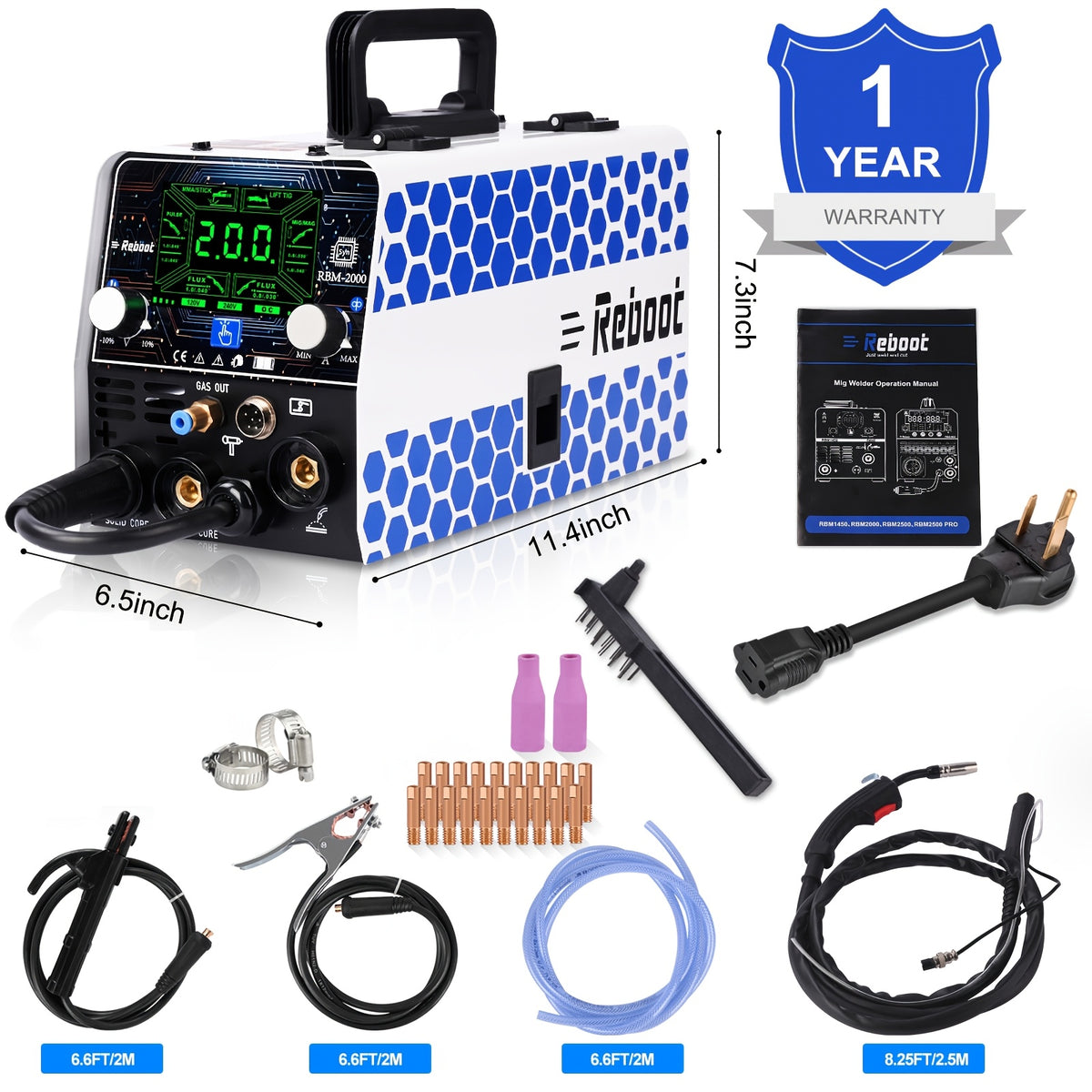 Reboot 200Amp MIG Welder 120V 240V 5 in 1 Welding Machine, Multiprocess for Gasless MIG Welder/Gas Mig/Lift Tig/Stick/Spot Welding with Synergy Dual Voltage Large LED Display, Without Battery