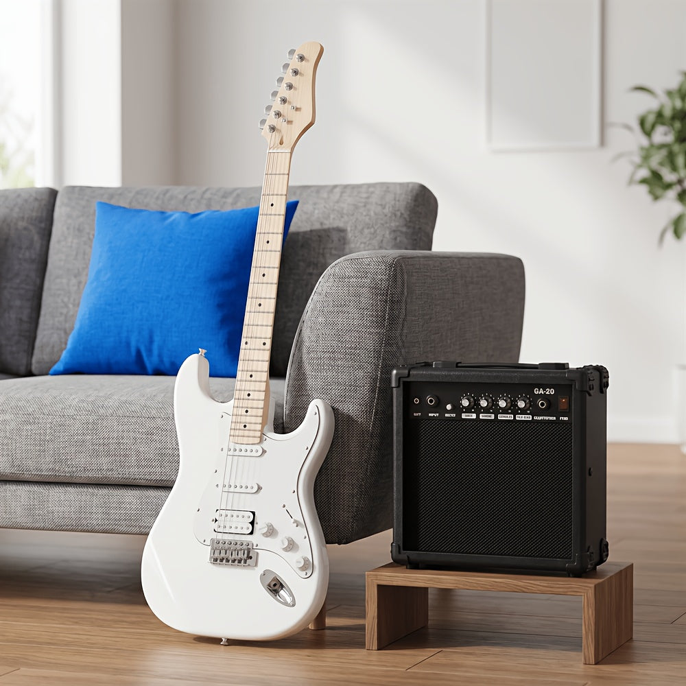 Electric Guitar Amp Set S-S-H Pickup Configuration, Maple Fretboard, White Finish with White Pickguard Christmas Gift/ Holiday Essential