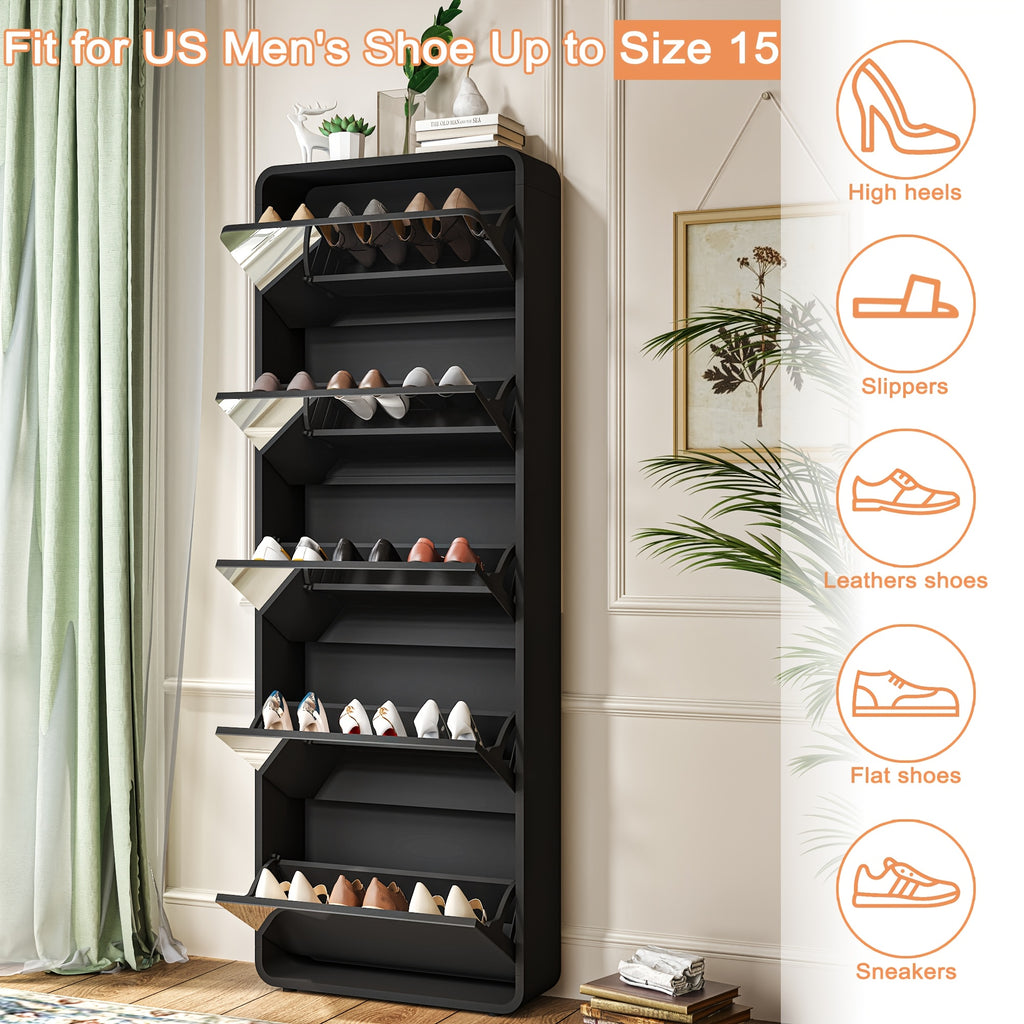 Organizedlife 1Set Shoe Storage Cabinet For Entryway, 5 Tiers Full Length Mirror Shoe Organizer, Wooden Narrow Shoe Closet, Black Shoe Cabinet Shoe Rack For Front Door Entrance, Outdoor