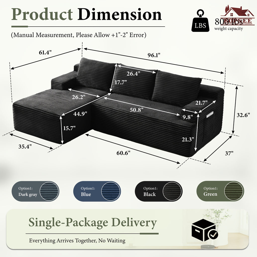KOPSEE 96" Sectional Sofas for Living Room Cloud Couch Sofa with L-Shape Upholstered Boneless Couches Modern Modular Sectional Sofa with Chaise