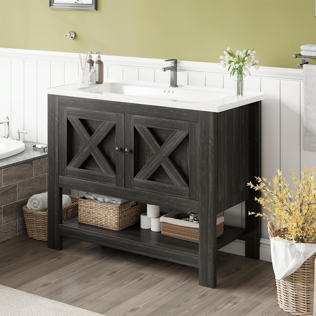[Bathroom Vanity Cabinet] 4 Ever Winner 35-Inch Bathroom Vanity Cabinet With 2 Doors And Open Shelf, Country Style Bathroom Vanity With Sink, Black/White