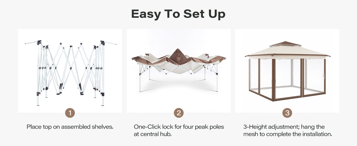 KAMEROUT Canopy Gazebo with Full Mesh Sidewalls, One-Touch Instant Setup Height Adjustable Outdoor Shelter Tent for Patio Backyard Party BBQ