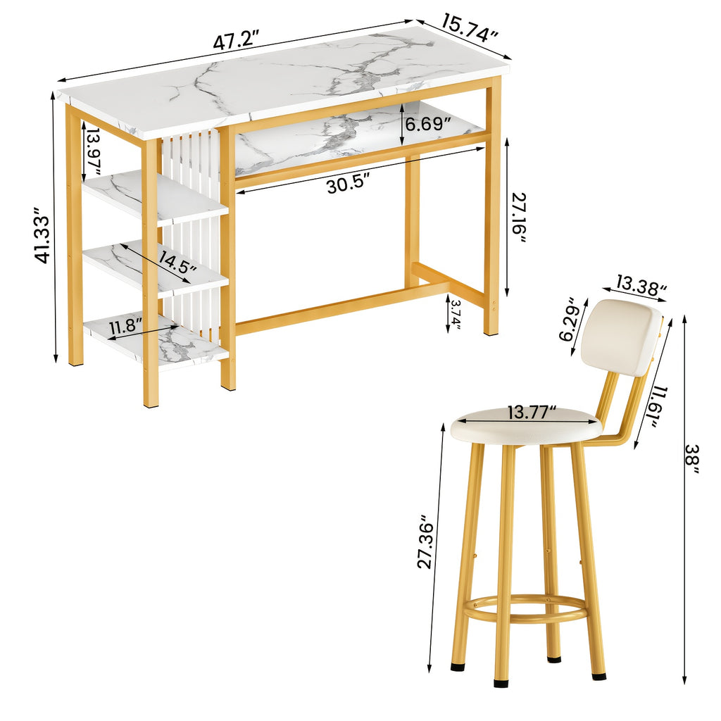 Bar Table with Stools Set Of 2, Kitchen Island with Seating Bar Table Set with Storage, Counter Height Small Dining Table And Chairs Set Of 2, Faux Marble Kitchen Table And Chairs Set with 2 PU Leather Upholstered Seat for Small Space, Dining Room