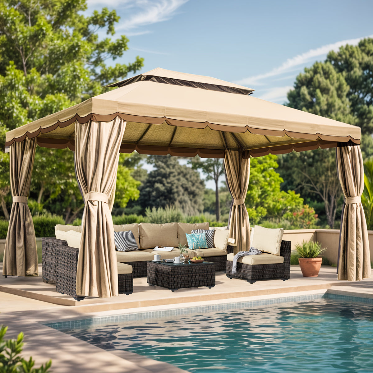 10'x13' Heavy-Duty Outdoor Patio Gazebo with Double Roof, Party Tent Suitable for Backyard, Deck, Garden - Assembly, Mosquito Netting & Curtains, Spacious Shelter for Parties, BBQs, Outdoor Events