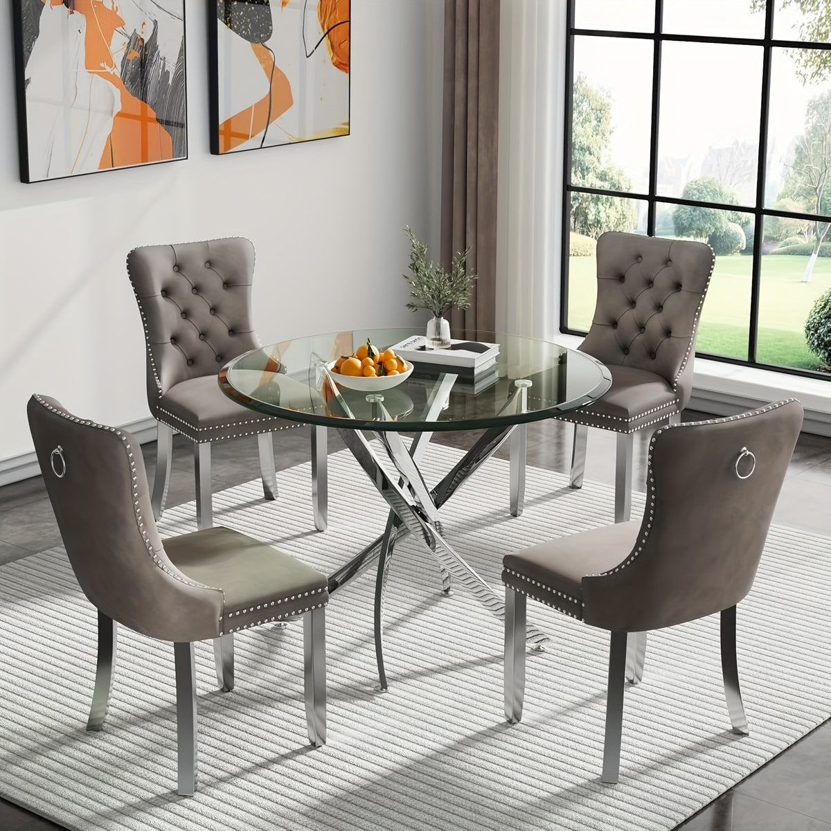 5/3/1pc Round Dining Table Set, Modern Tempered Glass Dining Table With Velvet Dining Chairs, 36" Kitchen Table With Stainless Steel Base For Living Room, Dining Room, Kitchen, Office, Lounge