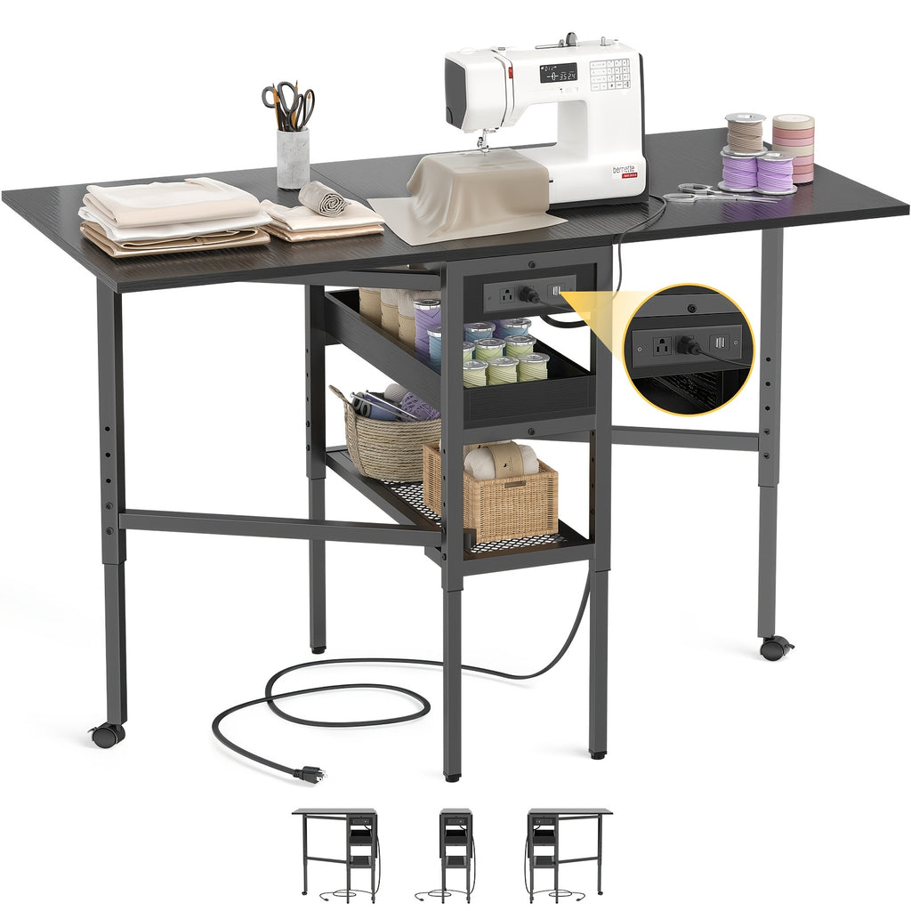 50" Foldable Sewing Cutting Table | Height Adjustable Craft Table with Charging Station and Storage, Metal Frame, Mixed Color, Plug Powered - BESIOIST