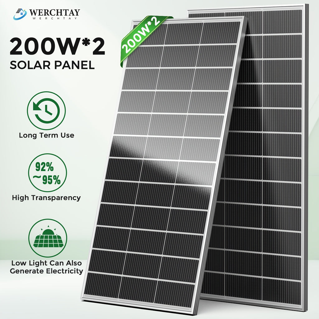 Werchtay 200W*2 Solar Panels, 25.5% 18BB High Efficiency Monocrystalline 2pcs 200W 12 Volt Solar Panels Systems Solar Module for Farm House Rooftop RV Caravan And Other Off-Grid System