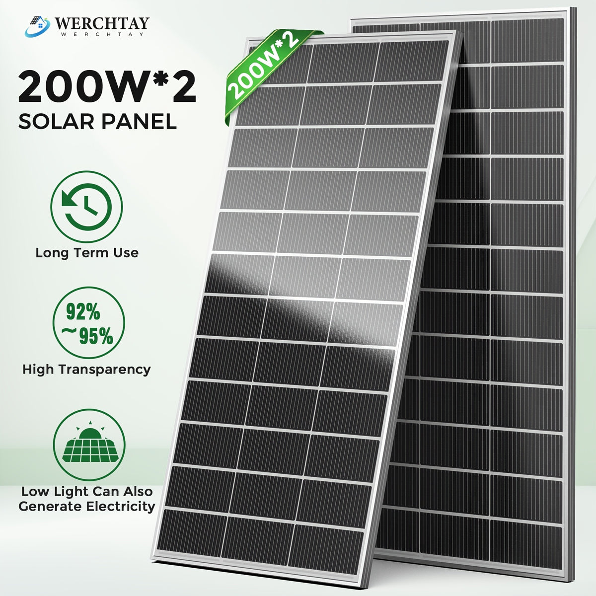 Werchtay 200W*2 Solar Panels, 25.5% 18BB High Efficiency Monocrystalline 2pcs 200W 12 Volt Solar Panels Systems Solar Module for Farm House Rooftop RV Caravan And Other Off-Grid System