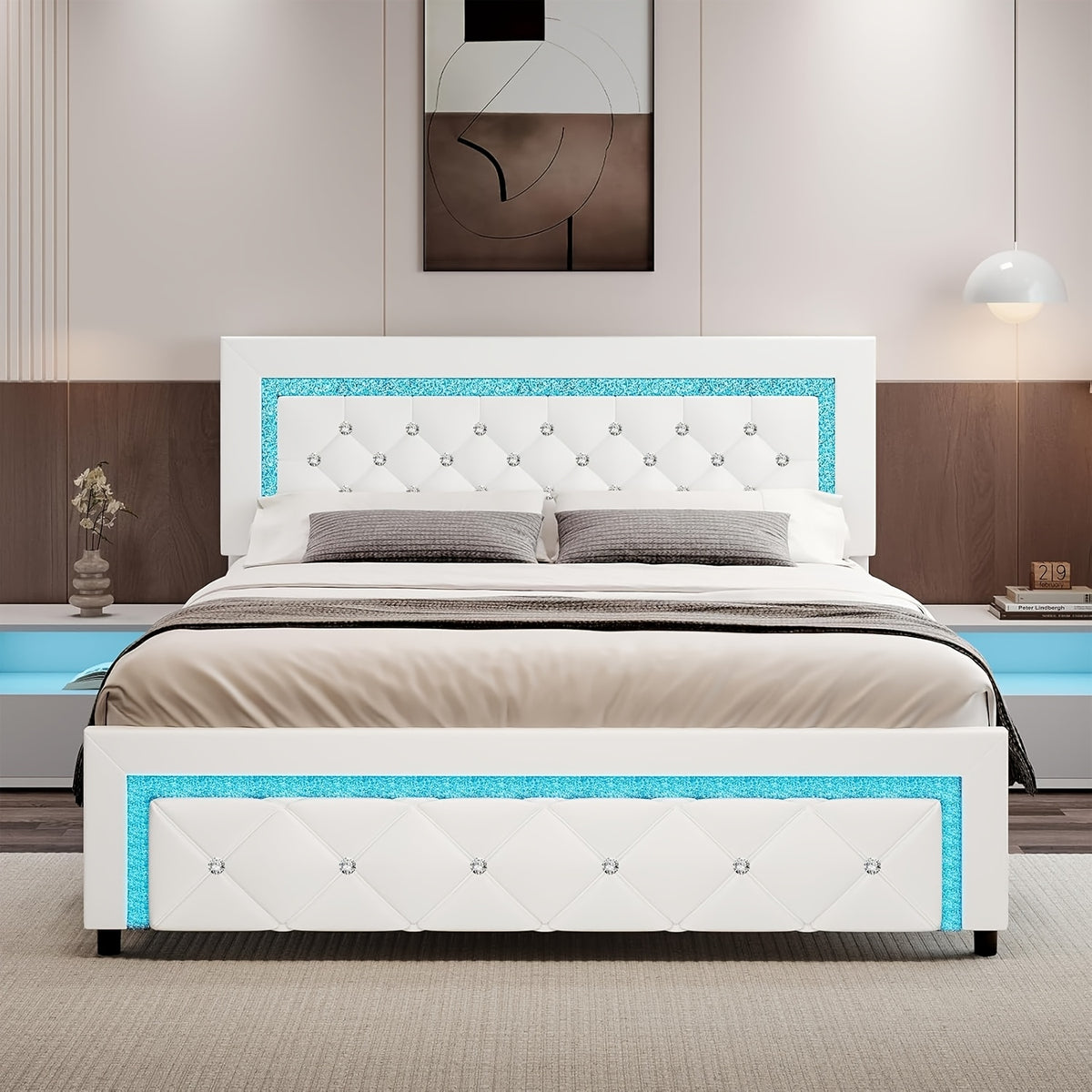 Twin Full Queen Bed Frame with LED Lights, Upholstered Platform Bed with Diamond Tufted Headboard, No Box Spring Needed, Noise Free, Easy Assembly, Black/Pink/White