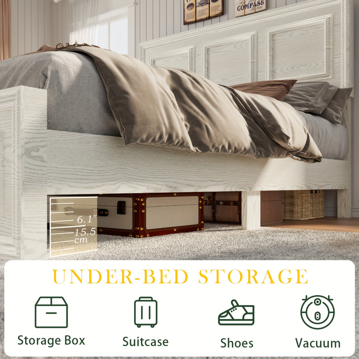 Platform Bed Frame with Headboard, Farmhouse Style, Height Adjustable, Brown and White