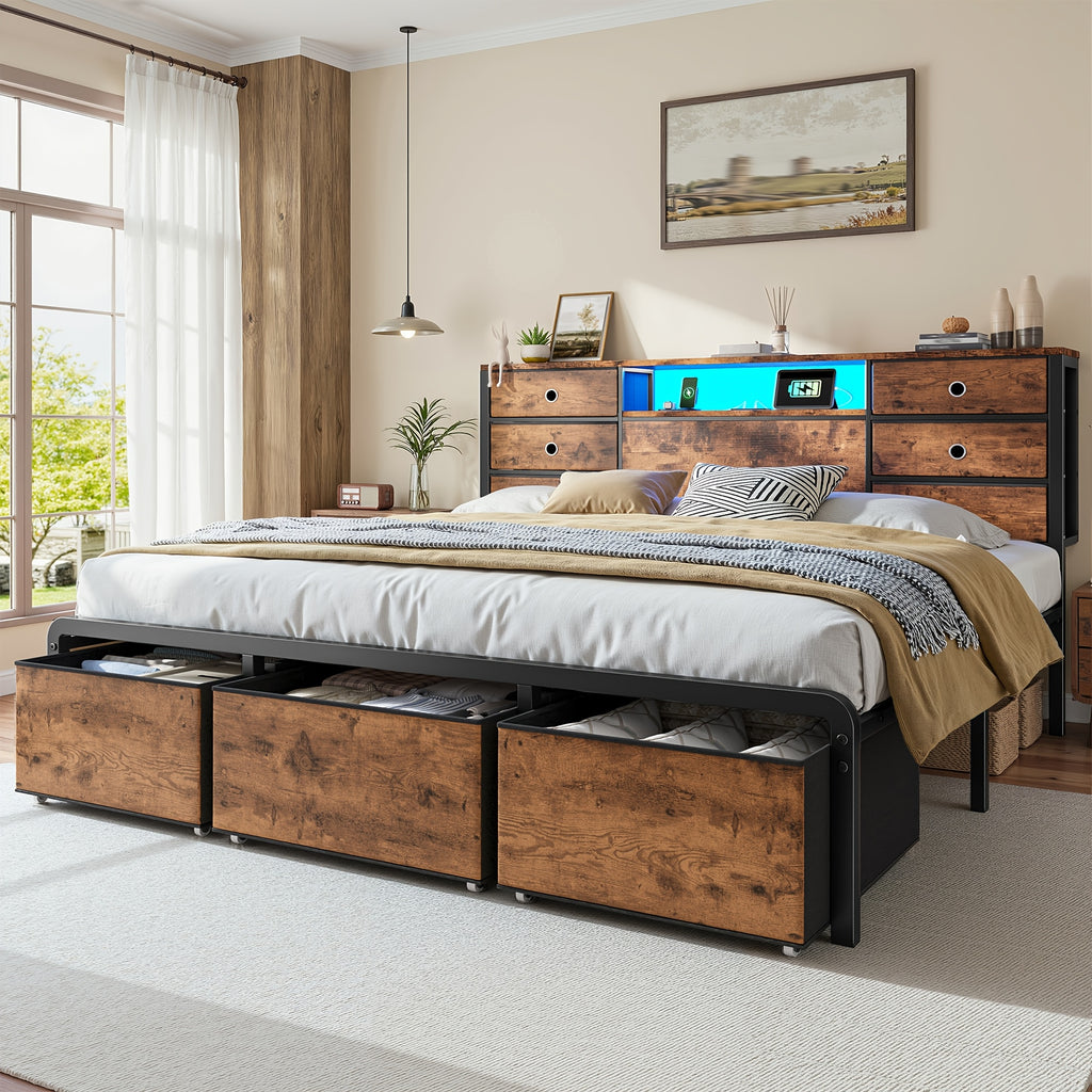 Reinforced Storage Bed Frame, King/Queen/Full with 8/9 Drawers, Headboard Storage, Multi-Color LED Lights & Charging Station, Noiseless & Easy Assembly, Black/Tiger Brown