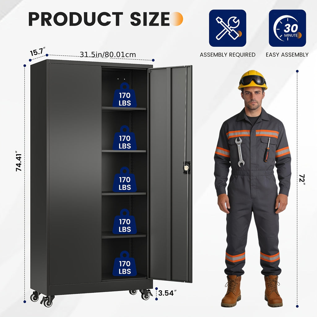 75-Inch Garage Storage Unit: Features 2 Doors, Wheels, 4 Adjustable Shelves, And a Lock. Ideal for Workshops, Homes, Or Offices. Sturdy And Easy to Move