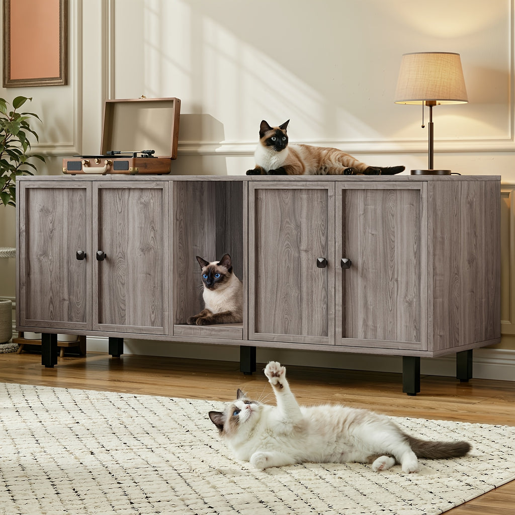 [Cat Litter Box Enclosure] 59 Inches Cat Litter Box Enclosure for 2 Cats, Hidden Litter Boxes Furniture with Cat Scratch Pad, Large Indoor Cat House with Double Room, Wooden TV Stand Side Table, Black