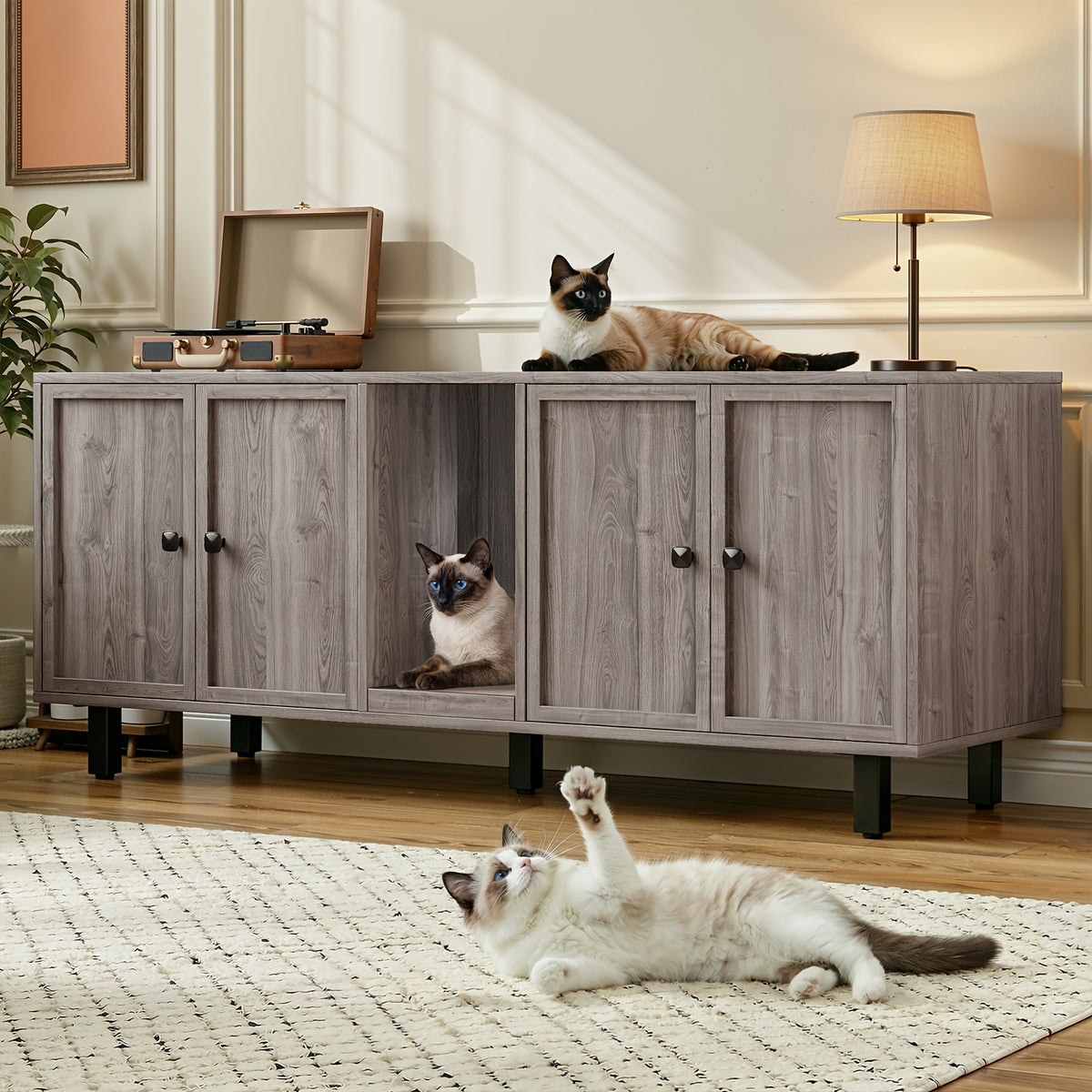 [Cat Litter Box Enclosure] 59 Inches Cat Litter Box Enclosure for 2 Cats, Hidden Litter Boxes Furniture with Cat Scratch Pad, Large Indoor Cat House with Double Room, Wooden TV Stand Side Table, Black