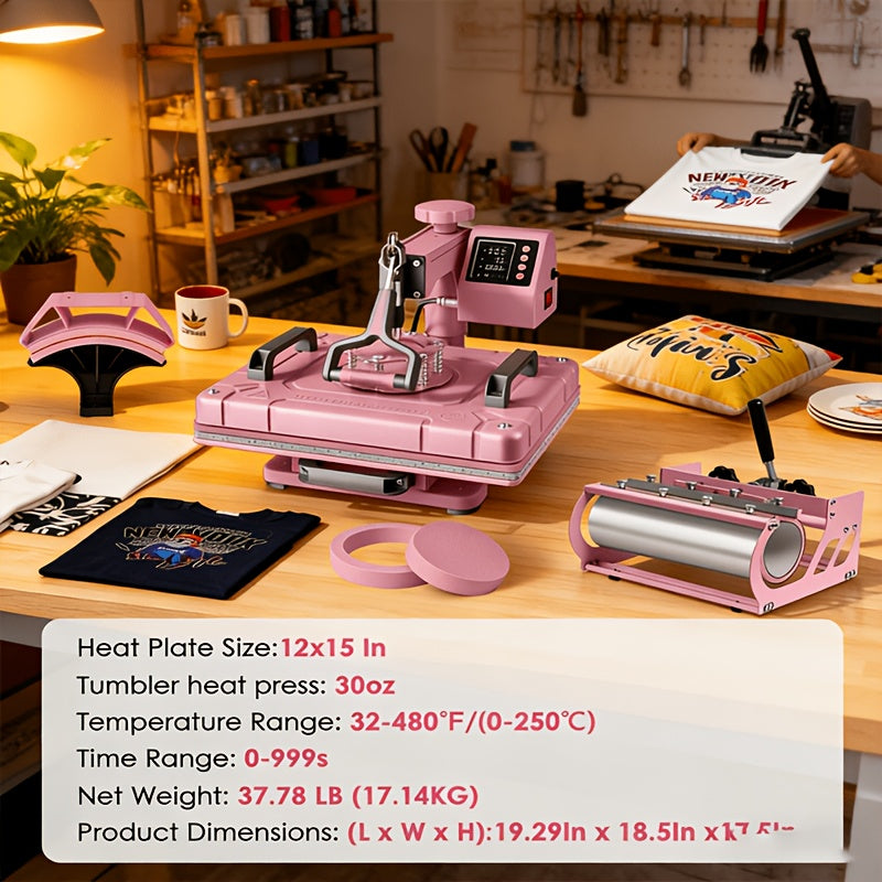 12x15 Inch 5in 1 Heat Press Machine, 360° Swing Away Sublimation Heat Press with 20oz & 30oz Tumbler Attachments, Multifunctional for T-Shirts, Mugs, Hats And Plates, Pink