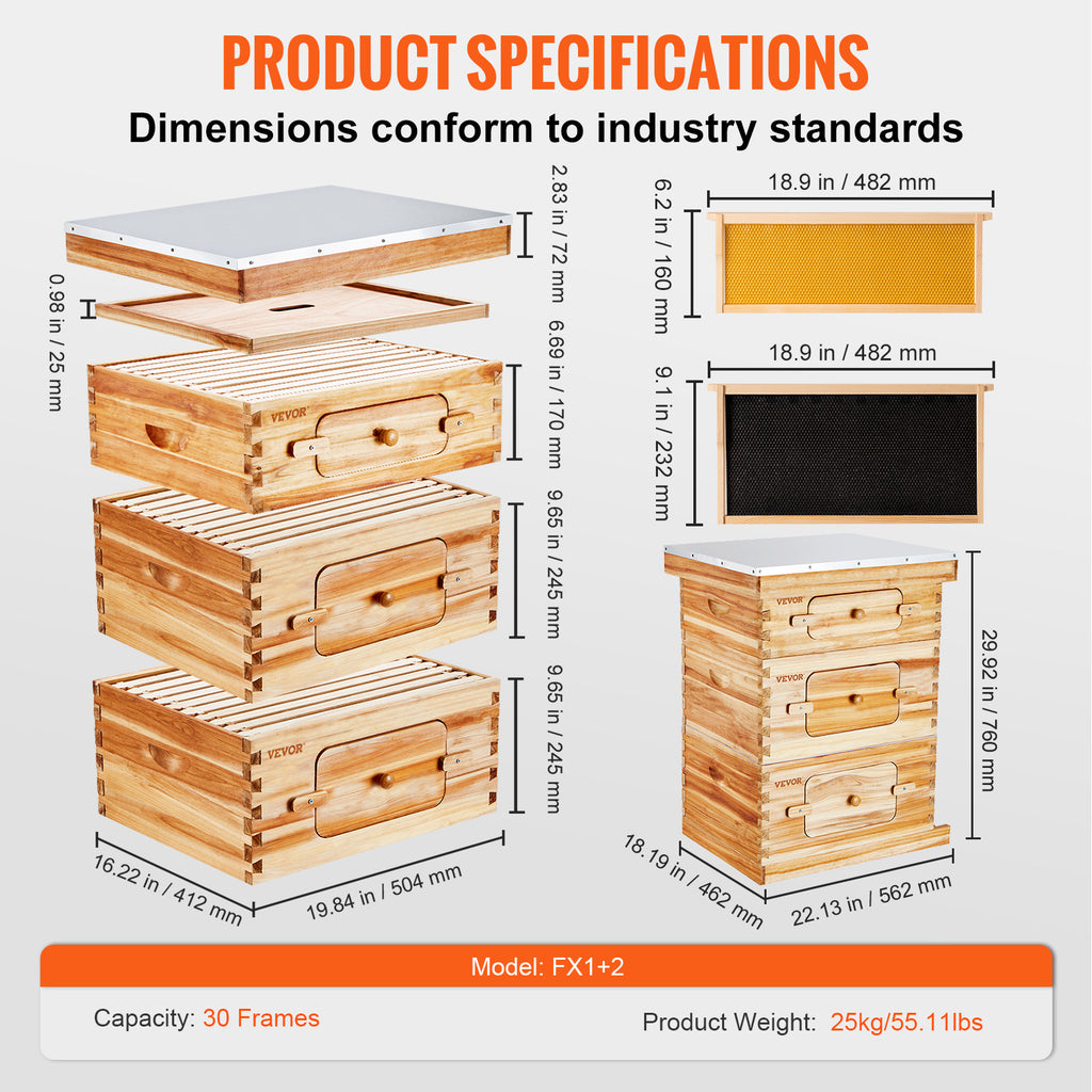 VEVOR Bee Hive 30 Frame / 40 Frame Bee Hives Starter Kit, Beeswax Coated Fir Wood, 2 Deep + 1 Medium / 2 Deep + 2 Medium Bee Boxes Langstroth Beehive Kit, Transparent Acrylic Windows with Foundations for Beginners Pro Beekeepers