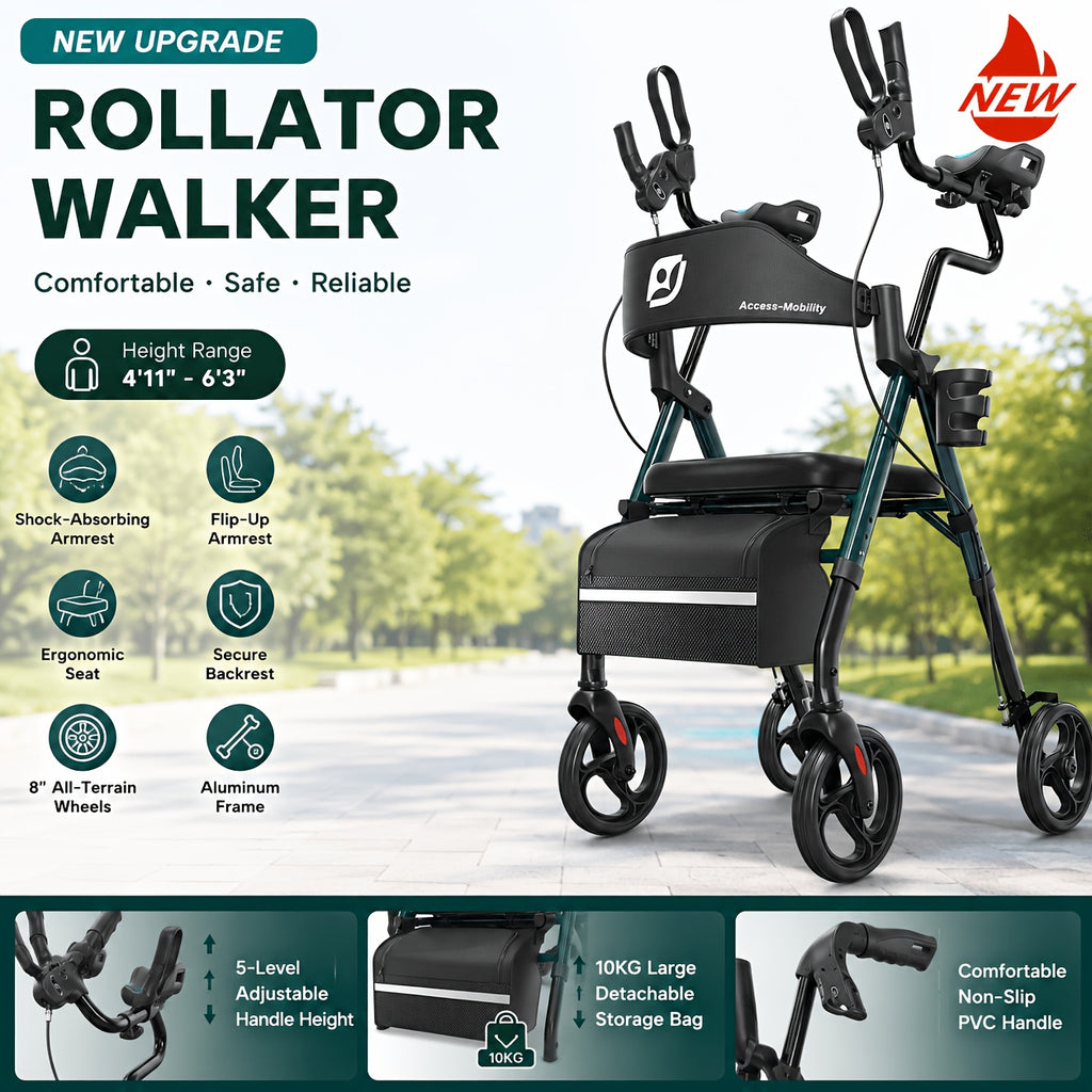 Maidesite Upright Walker, Stand Up Rollator Walker with Padded Seat And Backrest, Walkers for Seniors, Foldable Walker with Seat, Compact Folding, Fully Adjustment Frame for Seniors, 8" Big Wheels for All Terrain, Ergonomic Seat And Backrest, NEW