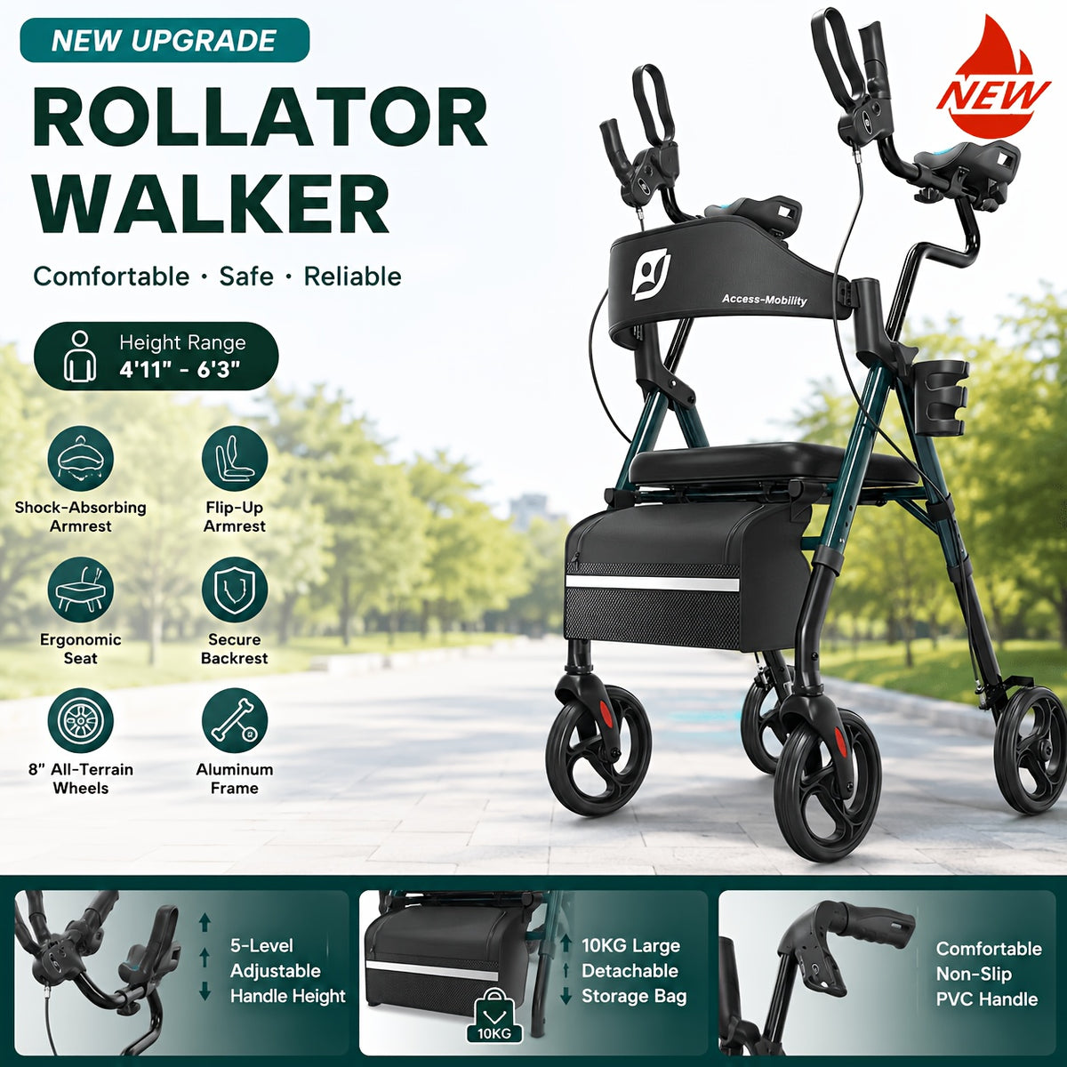 Maidesite Upright Walker, Stand Up Rollator Walker with Padded Seat And Backrest, Walkers for Seniors, Foldable Walker with Seat, Compact Folding, Fully Adjustment Frame for Seniors, 8" Big Wheels for All Terrain, Ergonomic Seat And Backrest, NEW