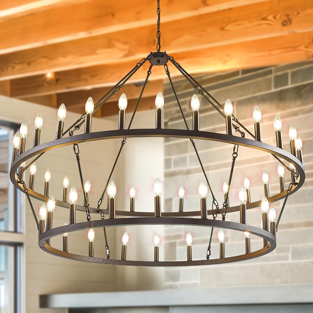 [Modern Farmhouse Chandelier] Modern Farmhouse Chandelier 2 Tier Round Wheel Chandelier Large High Ceiling Light