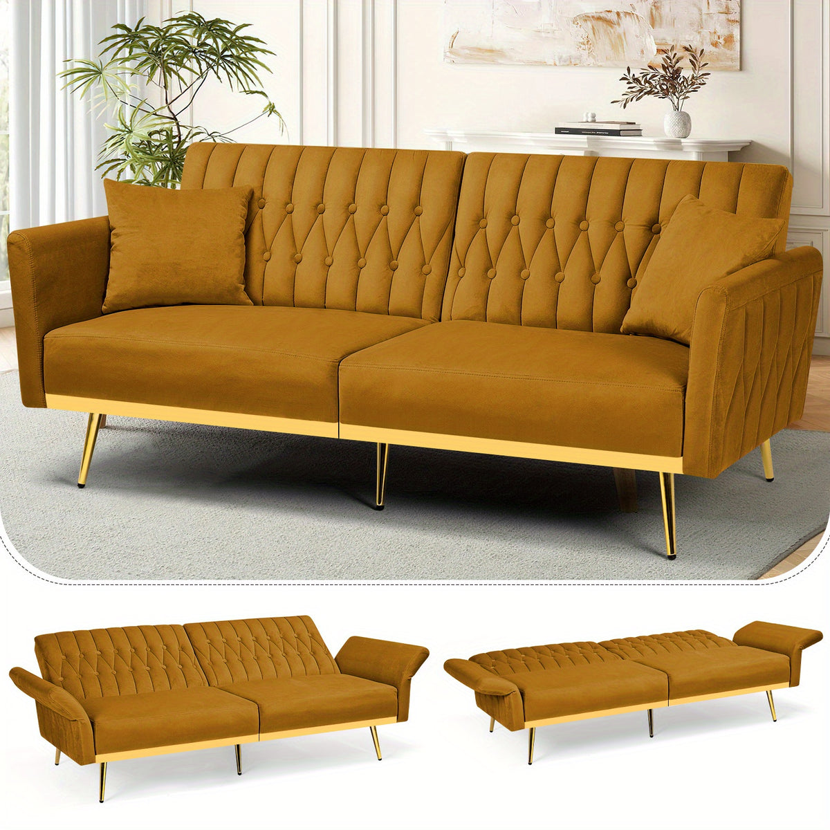 ACMEASE 70-Inch Velvet Convertible Sofa Bed with 2 Pillows, Adjustable Backrest And Armrest Tufted Sleeper Sofa with Golden Metal Legs for Living Room