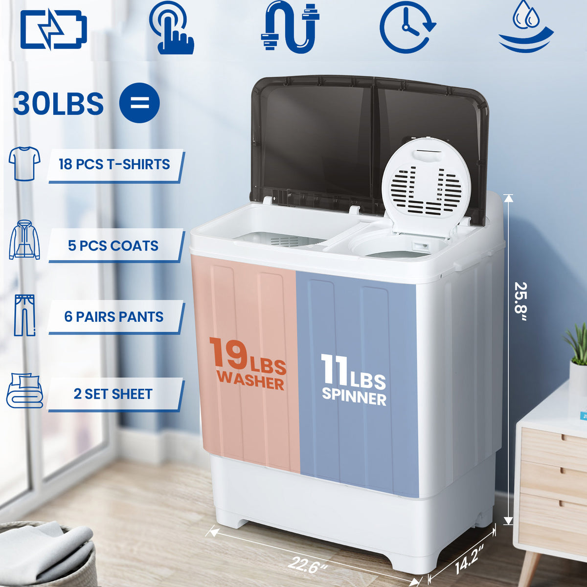 30lbs Portable Washer, Twin Tub Washer and Dryer Combo Laundry Washing Machine, Semi-Auto Washer Machine with Wash & Dehydration, 19Lbs Washer 11Lbs Spinner Laundry Appliances for Home, Apartment, Dorms, RV, Ship Cabins, Offices, Bathroom, Balcony