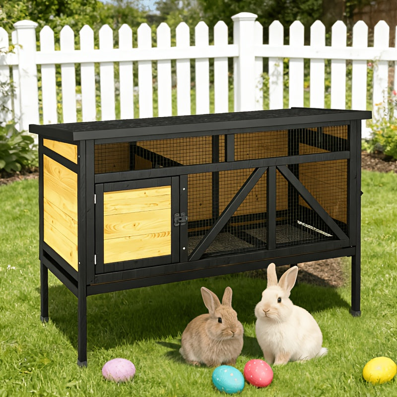 46.7" Elevated Rabbit Cage, Fir Wood Small Animal House - Indoor & Outdoor Rabbit Hutch, Bunny Cage for Guinea Pig, Wooden Design with Removable Tray, Asphalt Roof & Bottom Wire Mesh for Small-Medium Animals