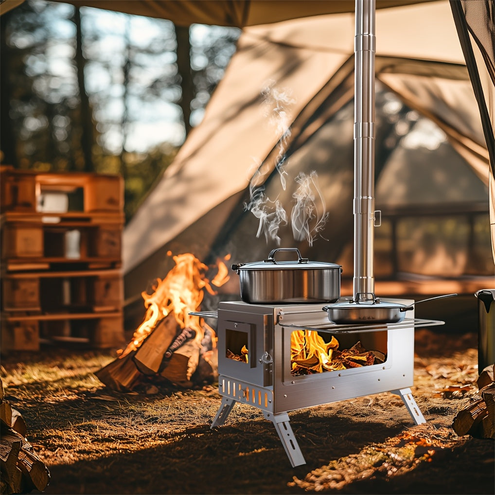 Portable Heavy-Duty Stainless Wood Burning Camp Stove - Outdoor Tent & Backyard Fire Pit with 7 Chimney Pipes, Ash Tool, Carry Bag & Ground Stakes - Adjustable Height, Fire-Resistant Window, Coal/Charcoal Compatible for Winter