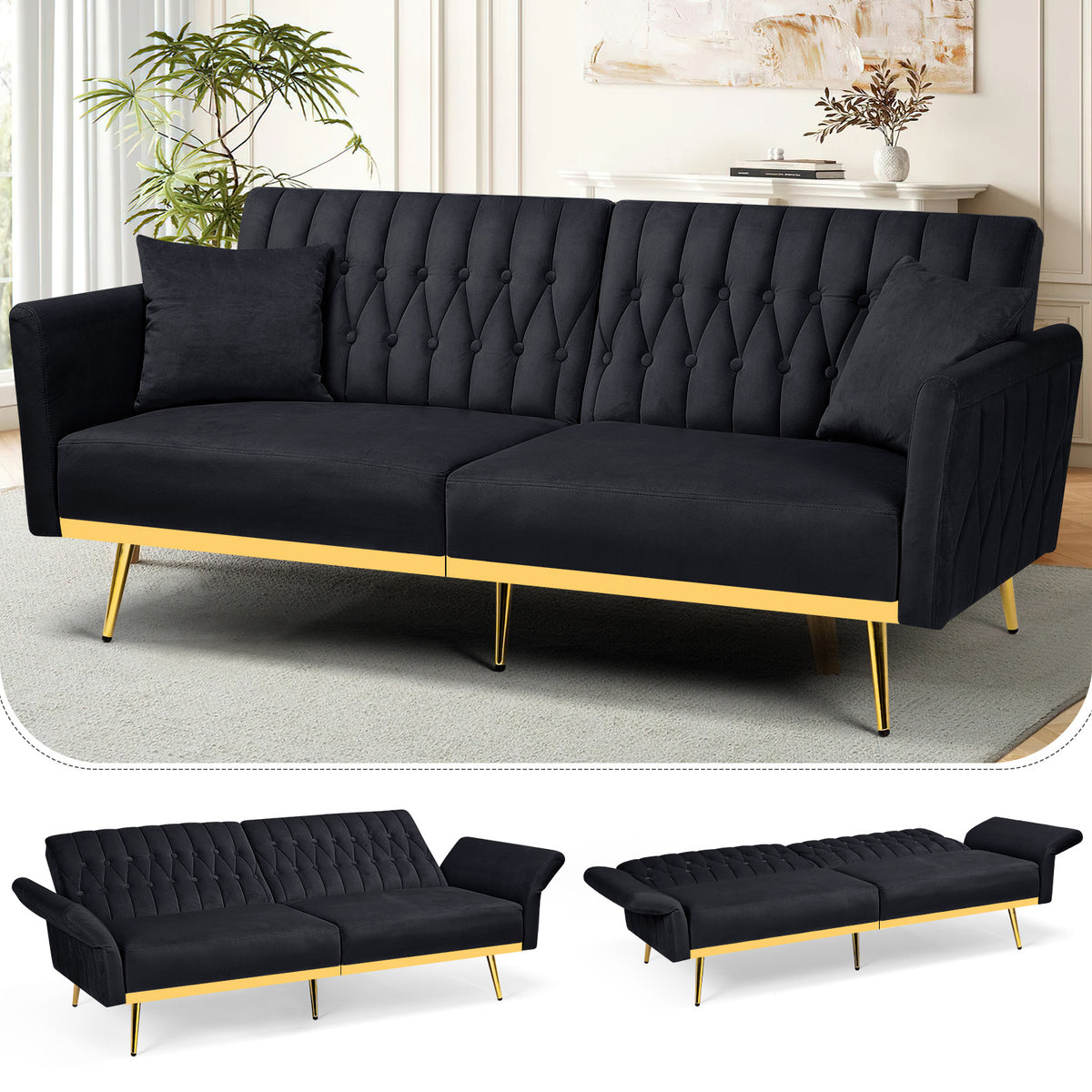 ACMEASE 70-Inch Velvet Convertible Sofa Bed with 2 Pillows, Adjustable Backrest And Armrest Tufted Sleeper Sofa with Golden Metal Legs for Living Room
