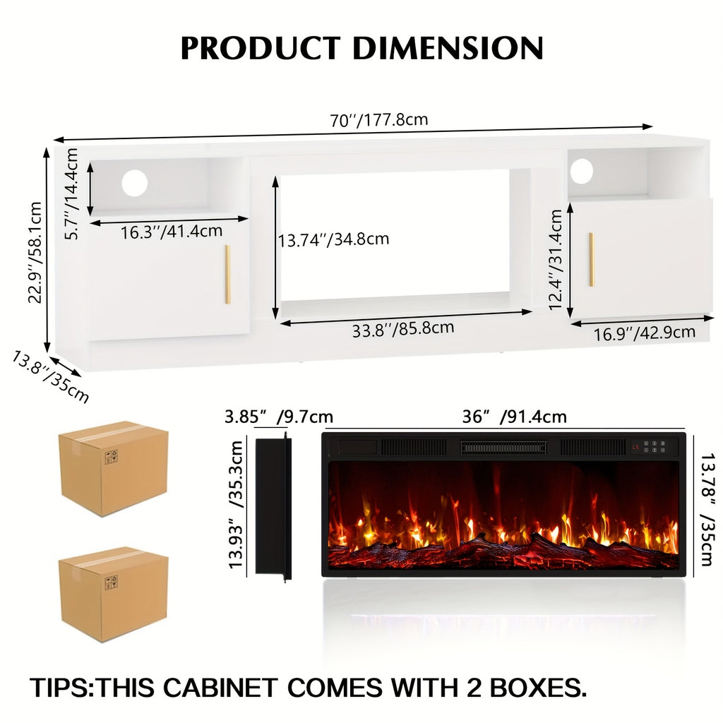 70" Fireplace Tv Stand with 36 Inch Fireplace Up to 80" Tvs, LED Light Entertainment Center And Storage, 70"Modern Wood Media TV Console with Highlight Cabinet for Living Room