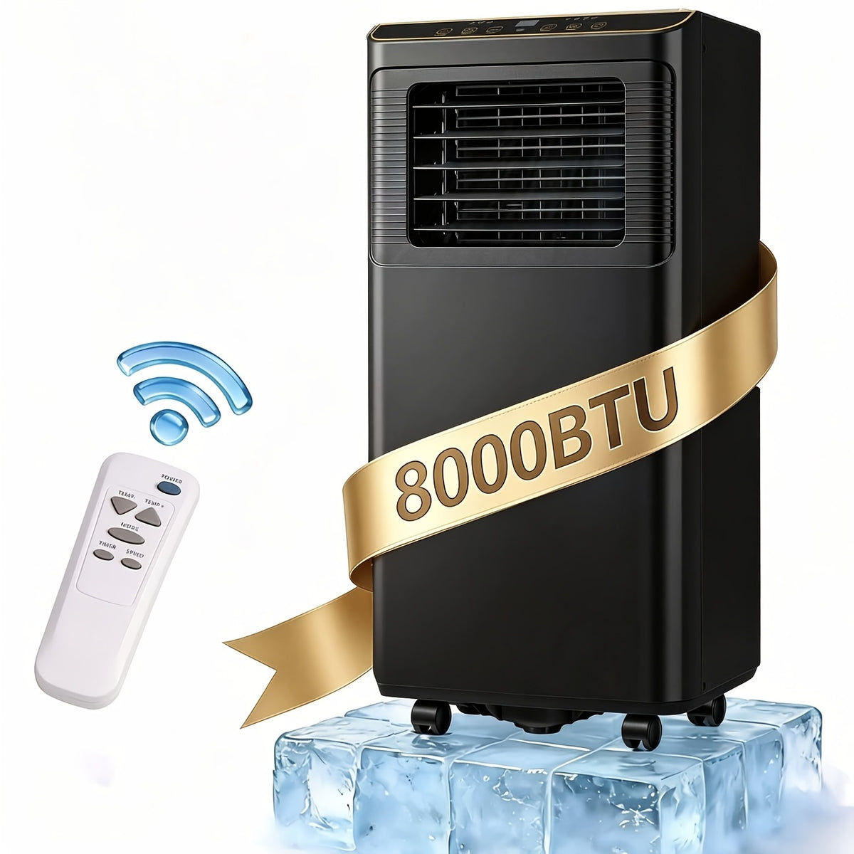 8000 BTU Portable Air Conditioner for Rooms Up to 250 Sq.Ft, 3-in-1 Mobile AC Unit with Dehumidifier, Cooling Fan, Sleep, Remote, 24H Timer, Window Installation Kit, Black & White