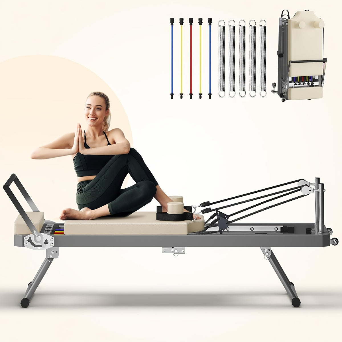 SogesPower Pilates Reformer Machine for Home Gym Workout, Foldable Pilates Equipment with High Strength Alloy Springs for Beginners, Up to 330lbs Weight Capacity