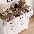 FULTRU Modern Farmhouse Cabinet with Barn Door & Sliding Panel Doors Suitable for Kitchen, Dining Room Storage, Freestanding Buffet Furniture with Drawers and Open Shelves, Assembly Required, Multifunctional Sideboard
