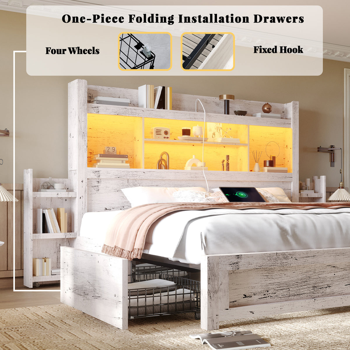 PAPABABE Bed Frame With 49.6 Inch Bookcase Headboard, 4 Drawers And 2 Detachable Storage Racks - Farmhouse Wood Bed Frame With RGB LED Lights And Charging Station, No Box Spring Needed
