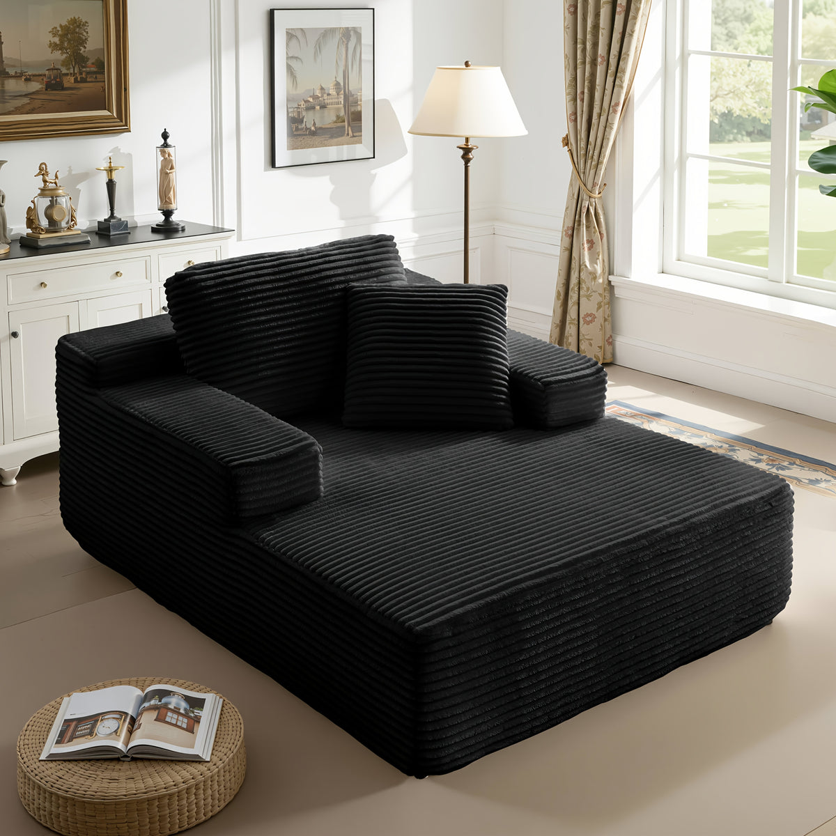 51-Inch Oversized Boneless Lounge Chaise Recliner - Corduroy Sofa with Pillows And Armrests | Deep-Seat with High-Density Foam Cushion | Living Room/Apartment/Bedroom U-Shaped Folding Sofa Bed | No Assembly Required | Beige/Black/Green/Orange