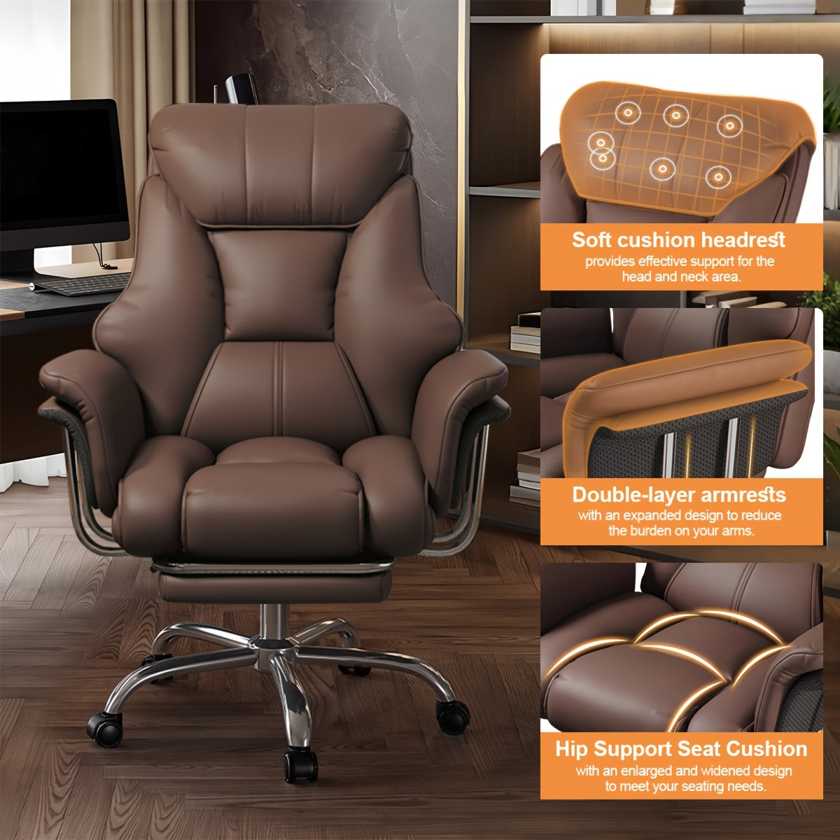 Executive Leather Office Chair, Comfy Desk Chair with Lumbar Support, Adjustable Height And Tilt, Rolling Swivel Chair, an Ergonomic Computer Chair