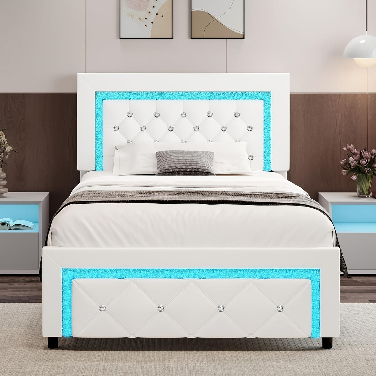 Twin Full Queen Bed Frame with LED Lights, Upholstered Platform Bed with Diamond Tufted Headboard, No Box Spring Needed, Noise Free, Easy Assembly, Black/Pink/White