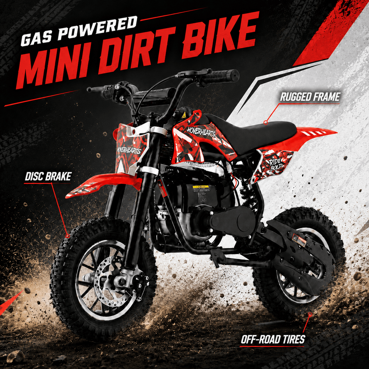 Mini Dirt Bike, 49 CC 2-Stroke Gas Bike with Off-Rode Tire, Suspensions, Disc Brakes, Max Load 165Lbs, Max Speed 18Mph-Includes gloves, face mask, security lock, and phone holder-Includes gloves, a face mask, an integrated stand, an anti-theft lock, and k