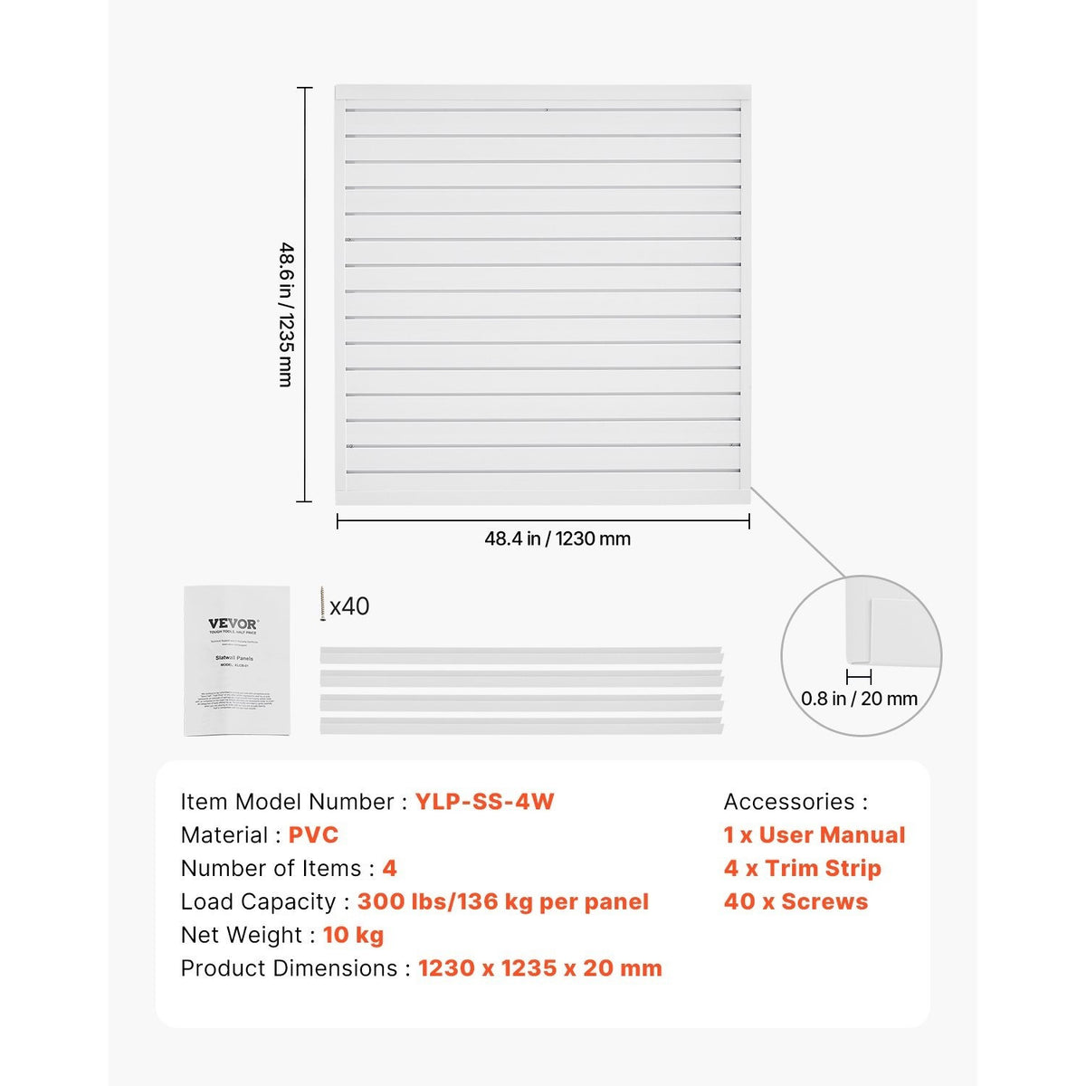 VEVOR 2 x 4 ft / 4 x 4 ft / 8 x 4 ft Slat Wall Paneling PVC White Garage Slatwall with Modular Design White/Grey/Black